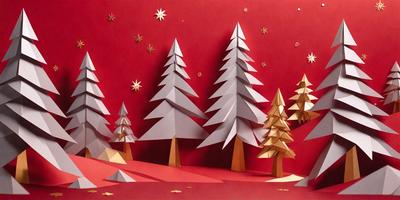The primary subject of the image is a group of paper trees, which are made of cardboard and are arranged in a forest-like setting. The trees are placed on a red background, which adds a vibrant and festive touch to the scene. The visual style of the image is a combination of digital art and illustration, as the paper trees are carefully crafted and placed in a visually appealing manner. The colors and mood of the image are predominantly warm and inviting, with the red background and the paper